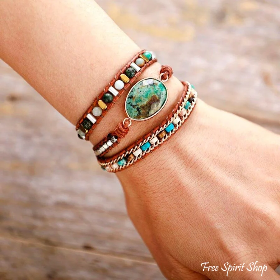 Natural African Turquoise & Mixed Beads Wrap Bracelet - Image 2