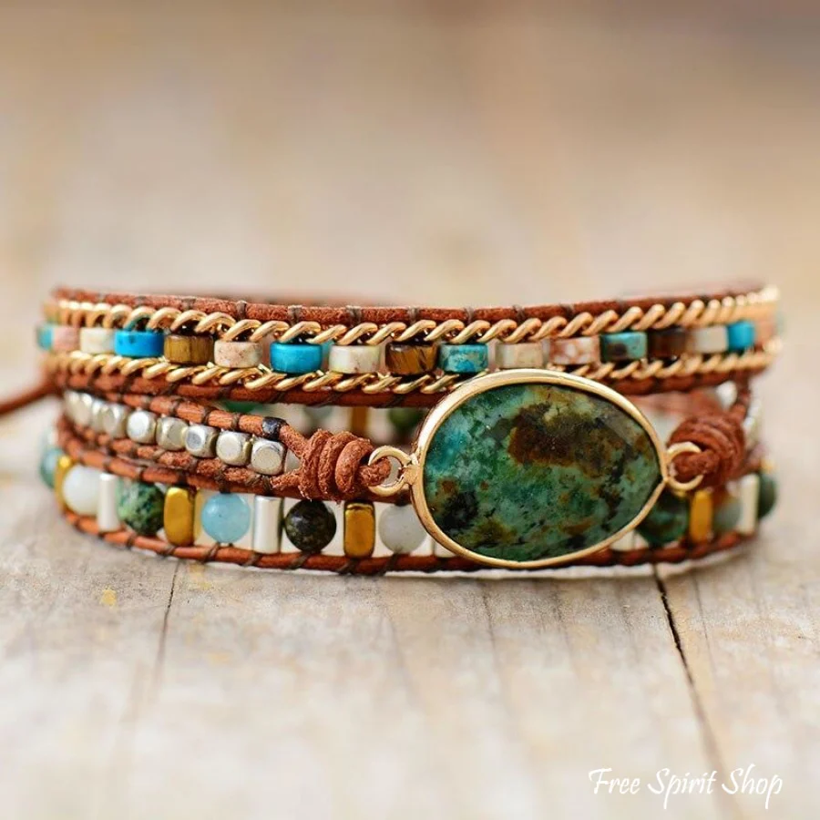 Natural African Turquoise & Mixed Beads Wrap Bracelet - Image 3