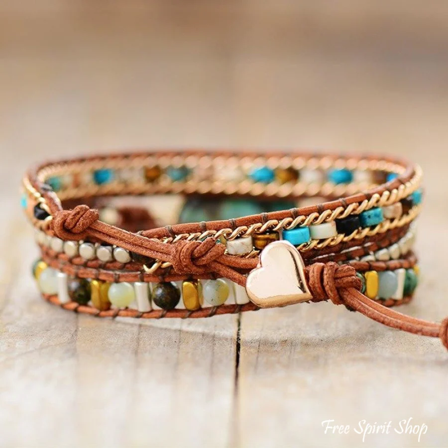 Natural African Turquoise & Mixed Beads Wrap Bracelet - Image 4