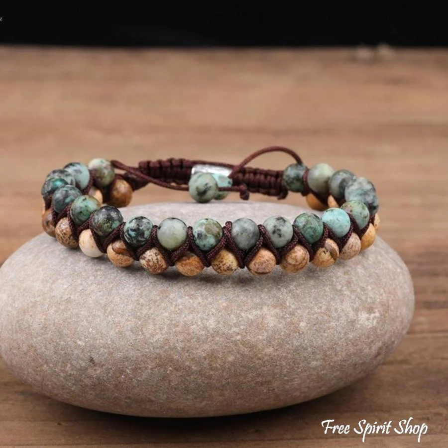 Natural African Turquoise & Picture Jasper Braided Bracelet - Image 2