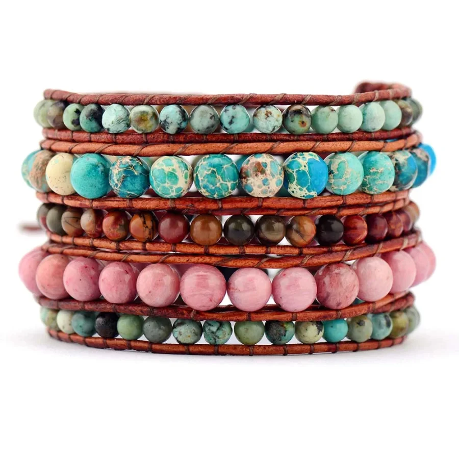 Natural African Turquoise Rhodonite & Jasper Leather Wrap Bracelet - Image 3