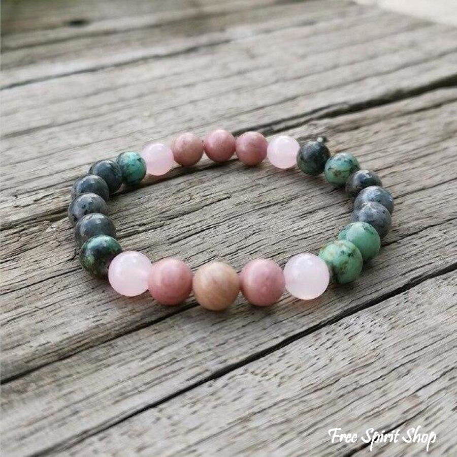 Natural African Turquoise Labradorite Rhodonite & Rose Quartz Bead Bracelet - Image 10