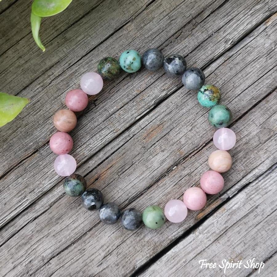 Natural African Turquoise Labradorite Rhodonite & Rose Quartz Bead Bracelet - Image 3