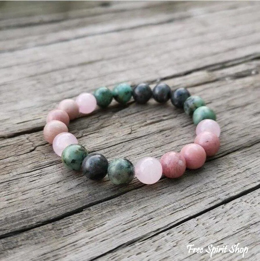 Natural African Turquoise Labradorite Rhodonite & Rose Quartz Bead Bracelet - Image 5