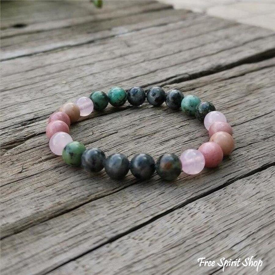 Natural African Turquoise Labradorite Rhodonite & Rose Quartz Bead Bracelet - Image 6