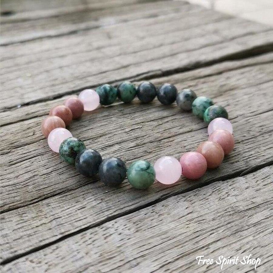 Natural African Turquoise Labradorite Rhodonite & Rose Quartz Bead Bracelet - Image 7