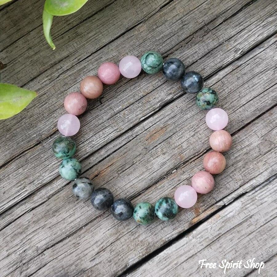 Natural African Turquoise Labradorite Rhodonite & Rose Quartz Bead Bracelet - Image 8