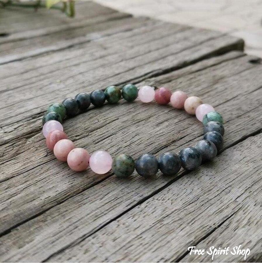 Natural African Turquoise Labradorite Rhodonite & Rose Quartz Bead Bracelet - Image 9