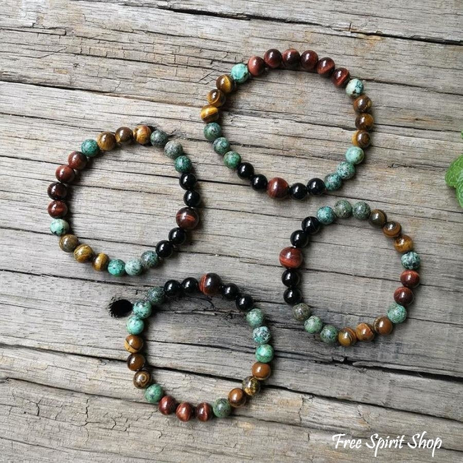 Natural African Turquoise Tiger Eye & Black Onyx Bead Bracelet