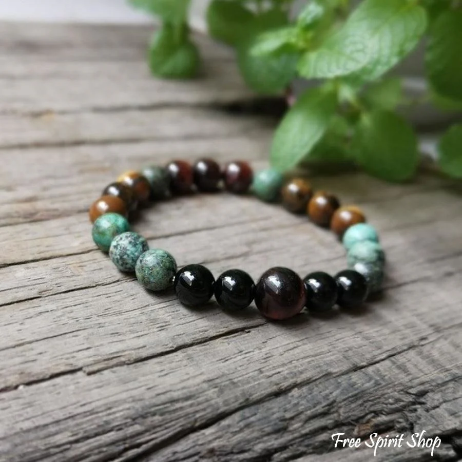 Natural African Turquoise Tiger Eye & Black Onyx Bead Bracelet - Image 2
