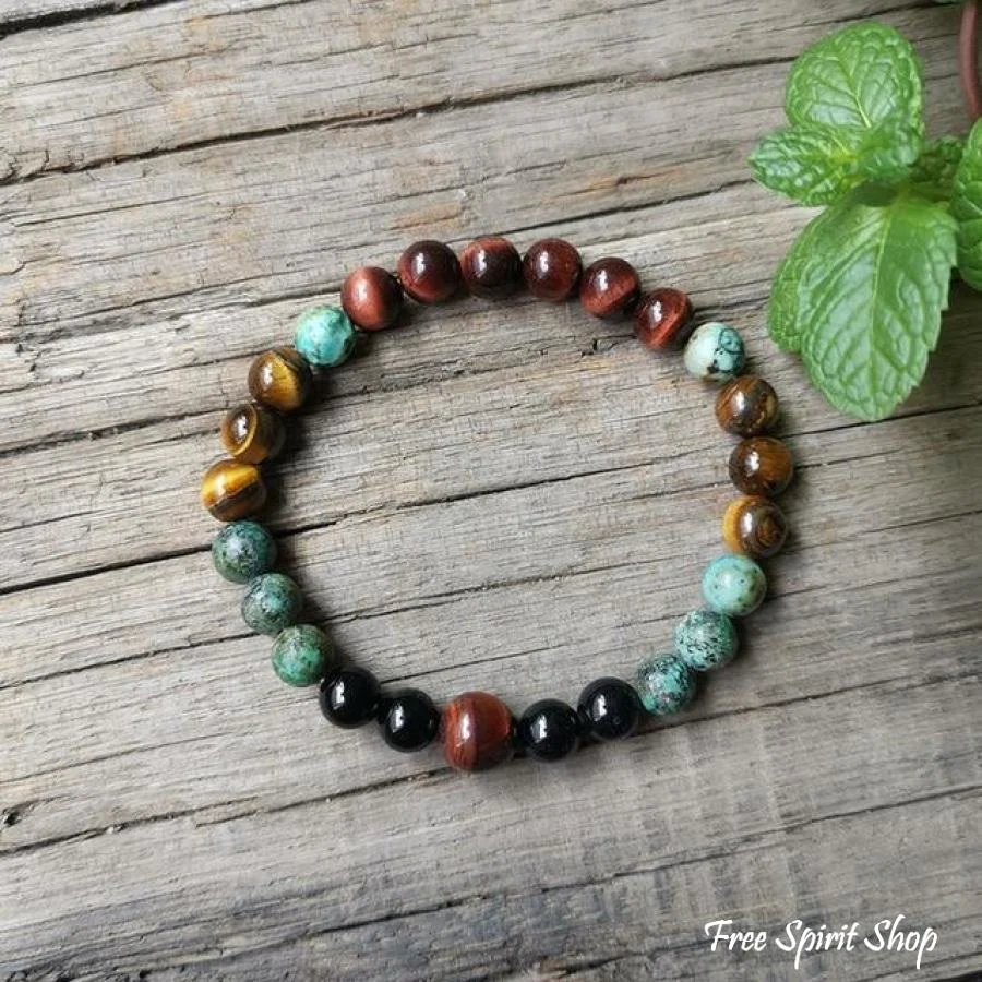 Natural African Turquoise Tiger Eye & Black Onyx Bead Bracelet - Image 3