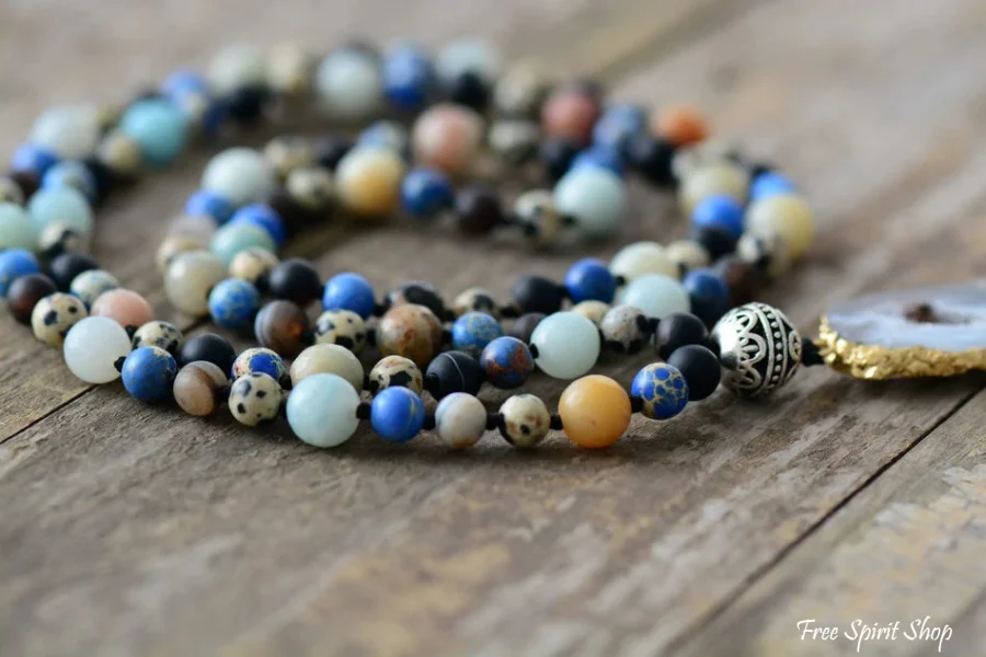 Natural Agate Druzy & Mixed Gemstones Tassel Necklace - Image 3