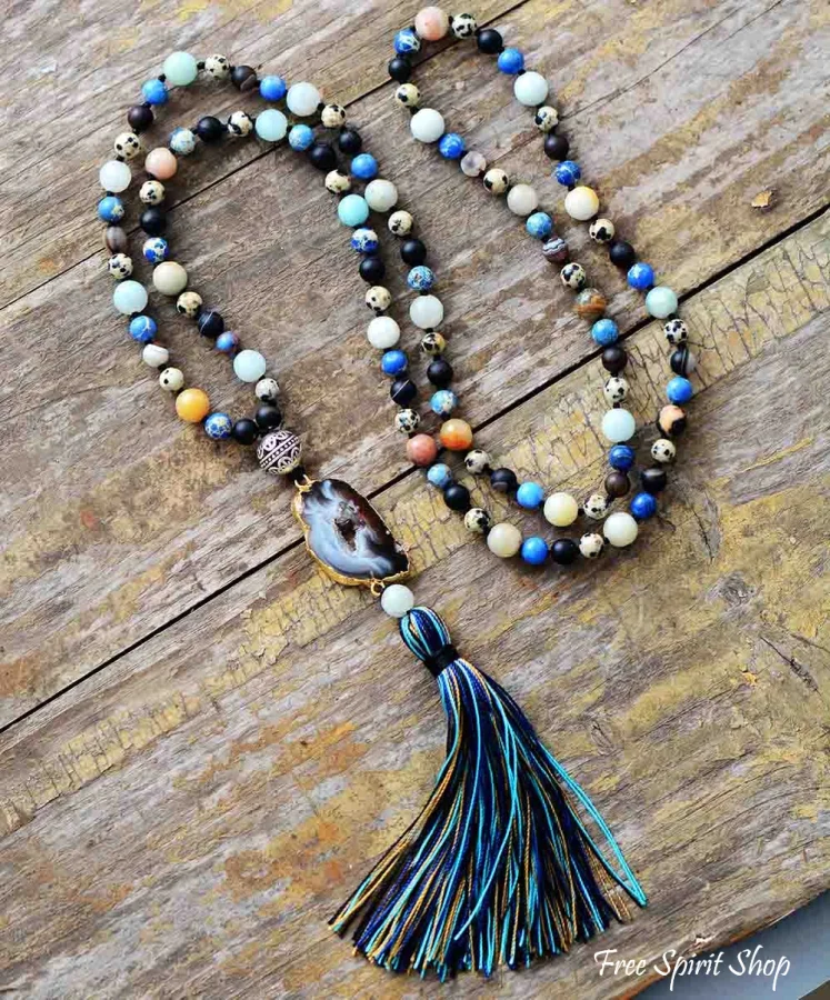 Natural Agate Druzy & Mixed Gemstones Tassel Necklace - Image 4