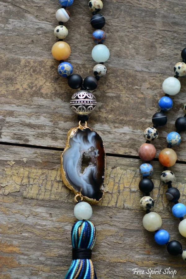 Natural Agate Druzy & Mixed Gemstones Tassel Necklace - Image 5
