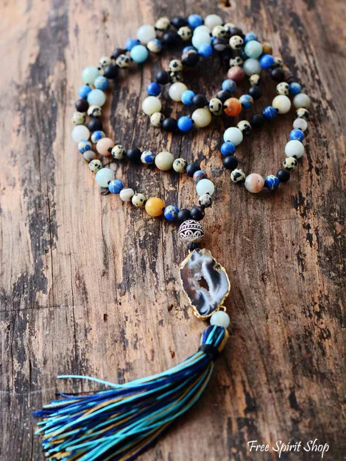 Natural Agate Druzy & Mixed Gemstones Tassel Necklace - Image 6