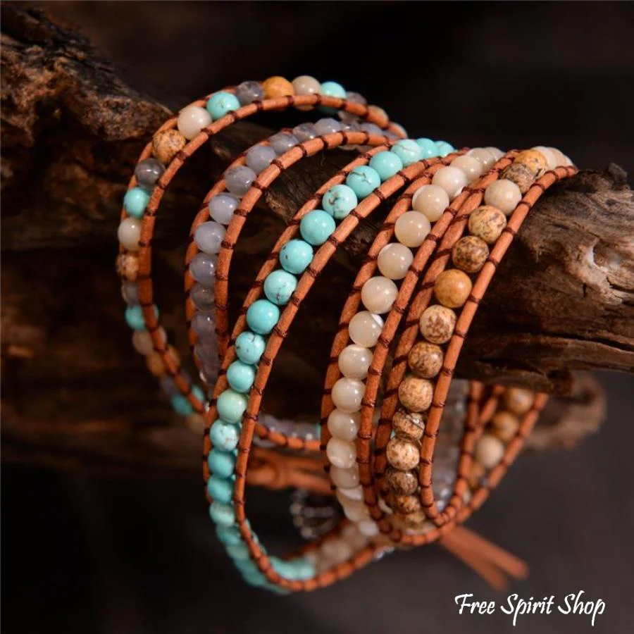 Natural Agate, Jasper & Howlite Stone Leather Wrap Bracelet - Image 3