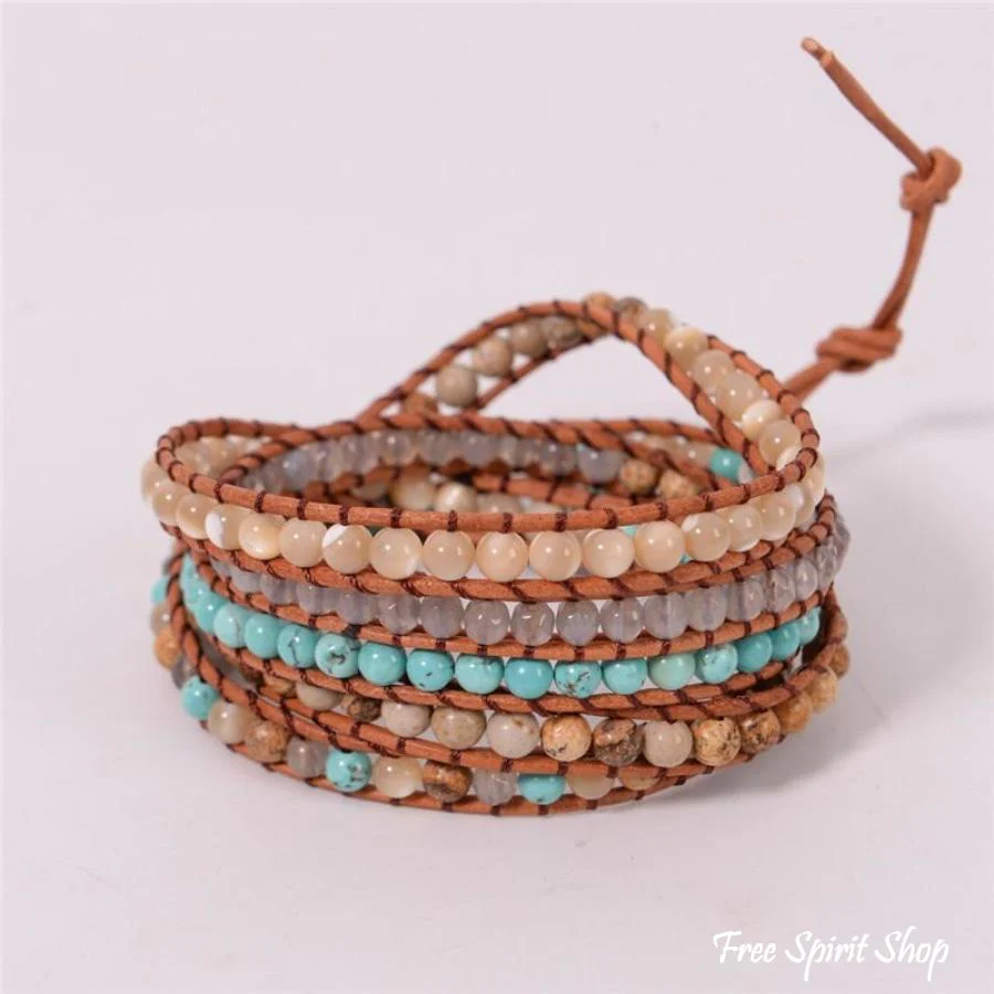 Natural Agate, Jasper & Howlite Stone Leather Wrap Bracelet - Image 4