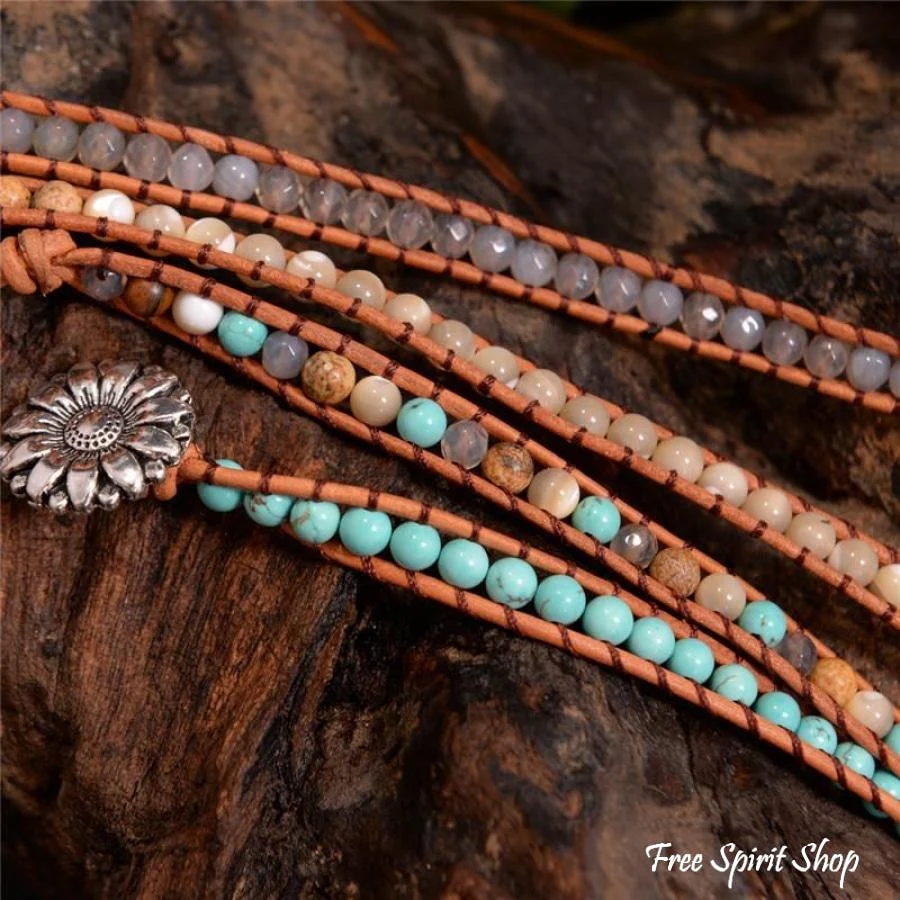 Natural Agate, Jasper & Howlite Stone Leather Wrap Bracelet - Image 5