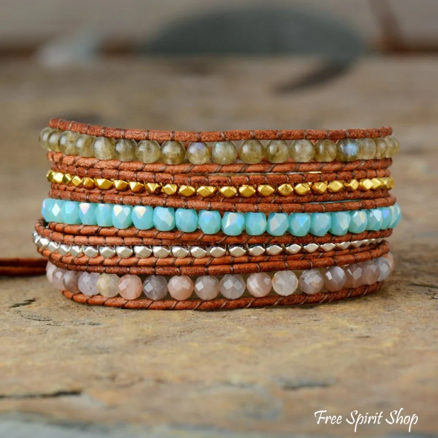 Natural Agate & Labradorite Beaded Wrap Bracelet