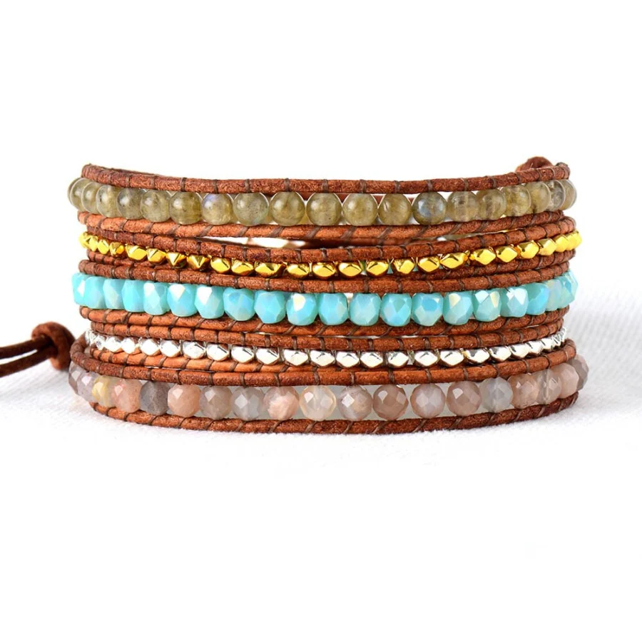 Natural Agate & Labradorite Beaded Wrap Bracelet - Image 4