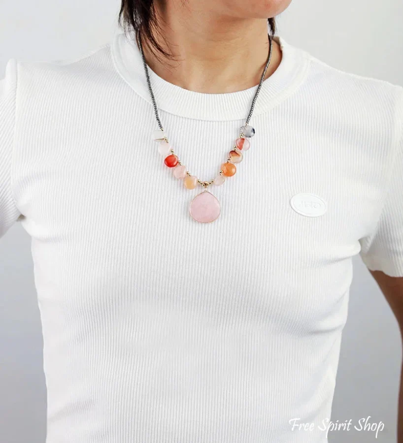 Natural Agate & Rose Quartz Beaded Necklace - Image 2