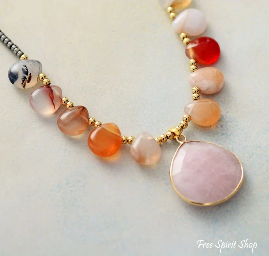Natural Agate & Rose Quartz Beaded Necklace - Image 4