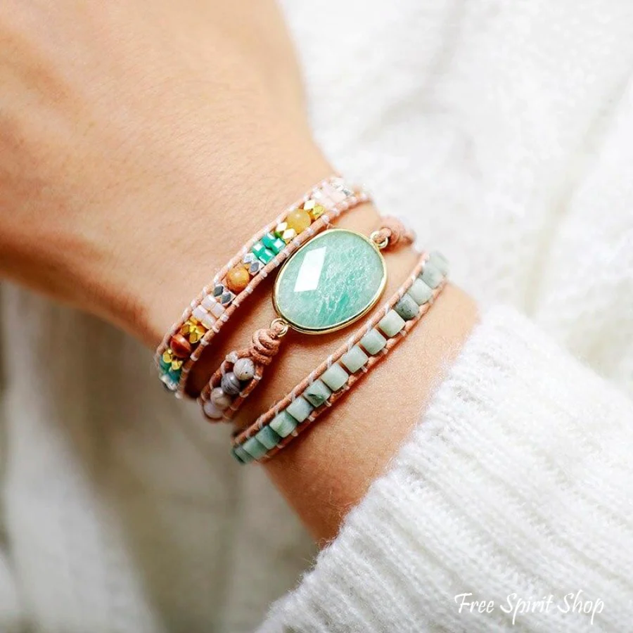 Natural Amazonite & Agate Gemstone Wrap Bracelet - Image 2