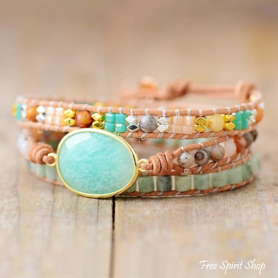 Natural Amazonite & Agate Gemstone Wrap Bracelet - Image 3