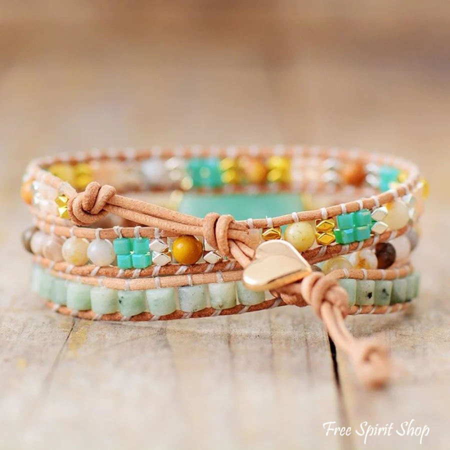 Natural Amazonite & Agate Gemstone Wrap Bracelet - Image 4