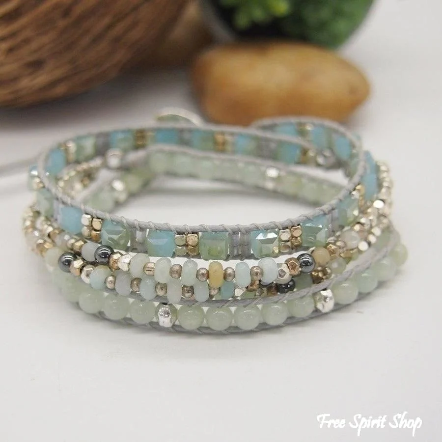Natural Amazonite & Crystal Beaded Wrap Bracelet - Image 4