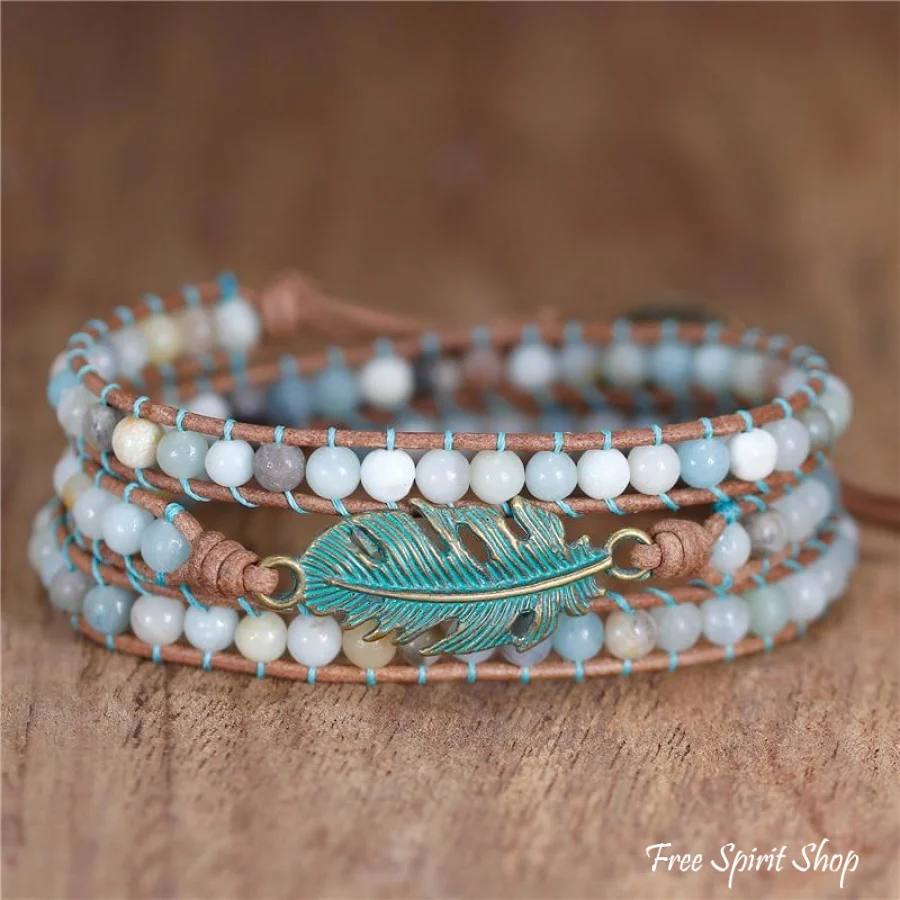 Natural Amazonite Boho Feather Wrap Bracelet - Image 2