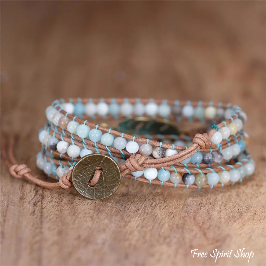 Natural Amazonite Boho Feather Wrap Bracelet - Image 3