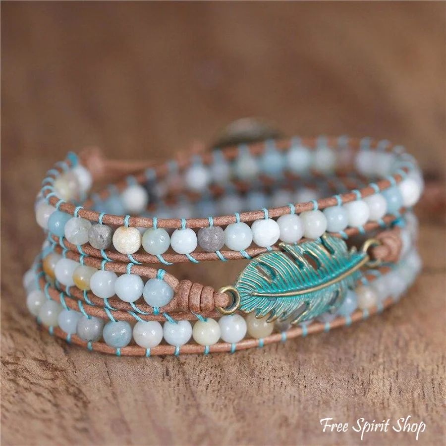 Natural Amazonite Boho Feather Wrap Bracelet - Image 4