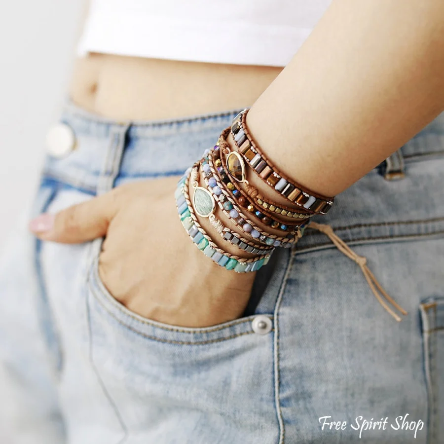 Natural Amazonite Drop & Crystal Bead Wrap Bracelet - Image 2