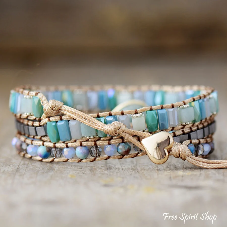 Natural Amazonite Drop & Crystal Bead Wrap Bracelet - Image 3