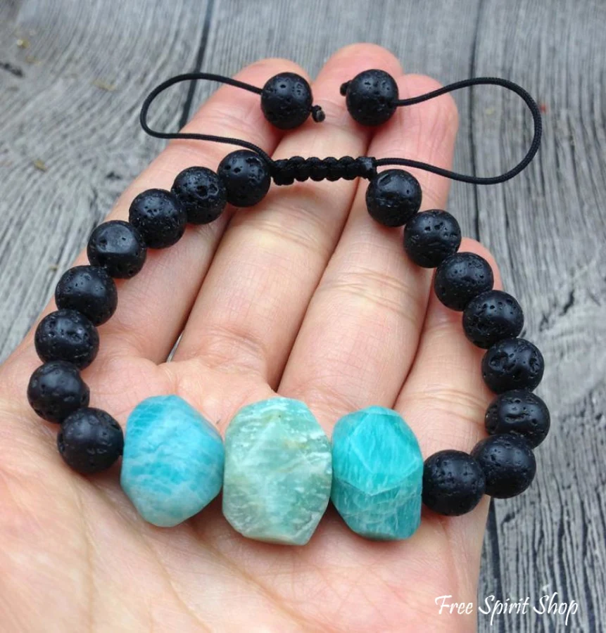Natural Amazonite Faceted Stone & Black Lava Stone Bracelet - Image 3