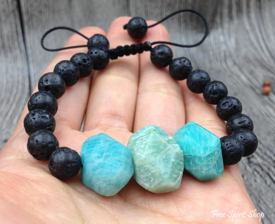 Natural Amazonite Faceted Stone & Black Lava Stone Bracelet - Image 4