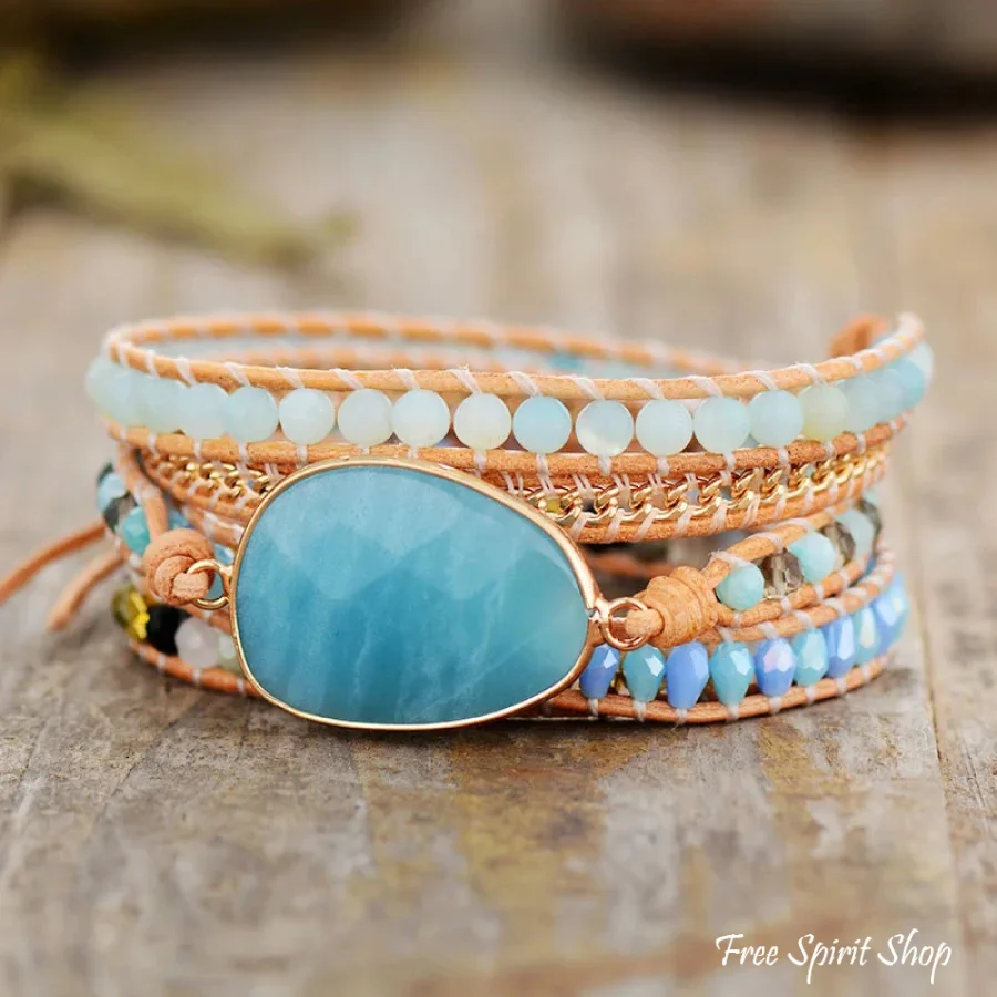 Natural Amazonite & Gold Chain Bead Wrap Bracelet - Image 3