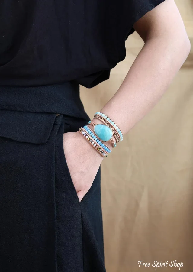 Natural Amazonite & Gold Chain Bead Wrap Bracelet - Image 4