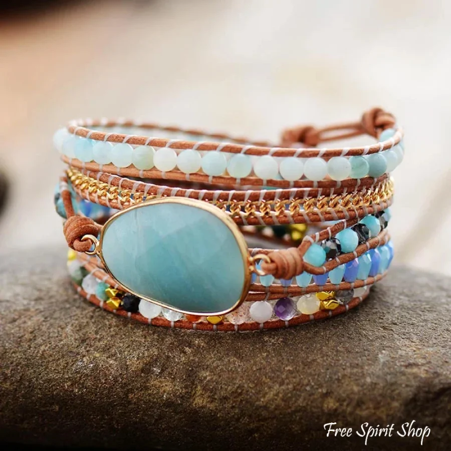 Natural Amazonite & Gold Chain Bead Wrap Bracelet - Image 5