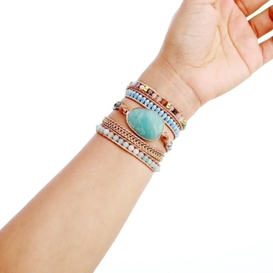 Natural Amazonite & Gold Chain Bead Wrap Bracelet - Image 6