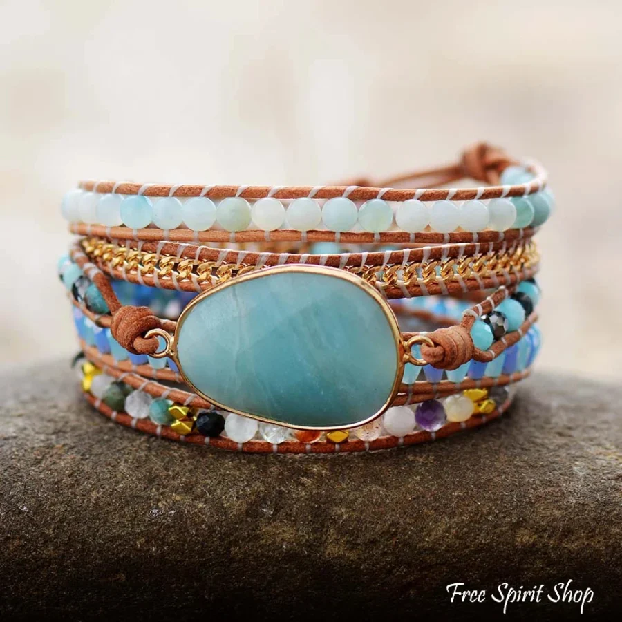 Natural Amazonite & Gold Chain Bead Wrap Bracelet - Image 7