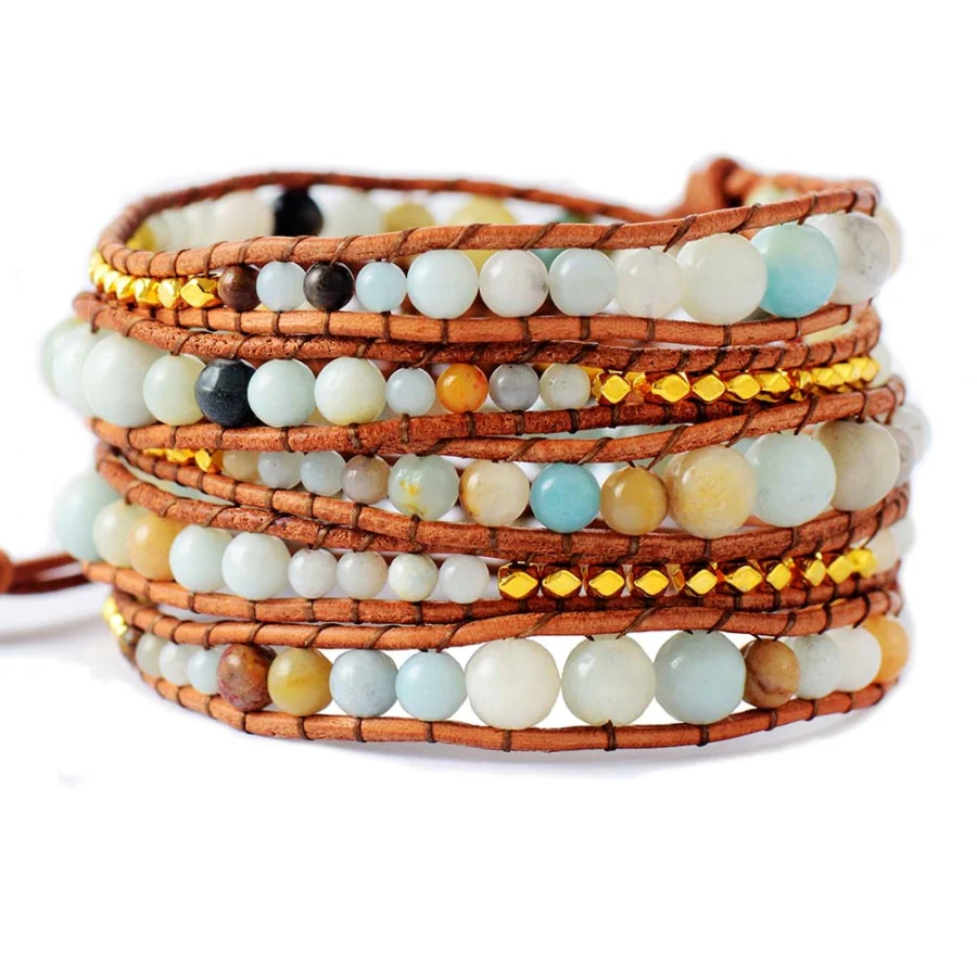 Natural Amazonite & Gold Plated Bead Wrap Bracelet - Image 3