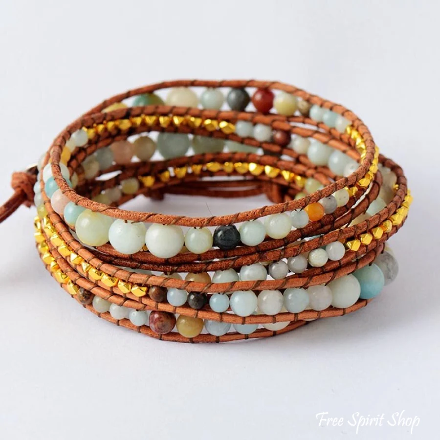 Natural Amazonite & Gold Plated Bead Wrap Bracelet - Image 4