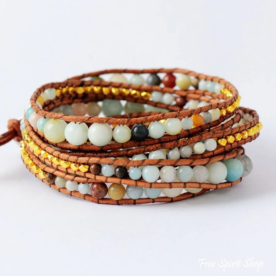 Natural Amazonite & Gold Plated Bead Wrap Bracelet - Image 5