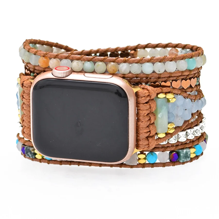 Natural Amazonite & Golden Heart Apple Watch Band - Image 3