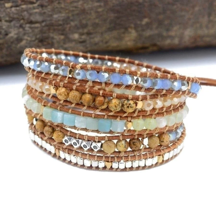 Natural Amazonite & Jasper Leather Wrap Bracelet - Image 10