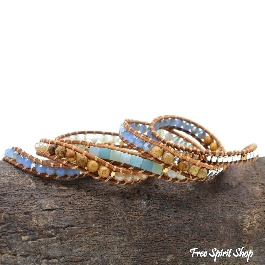 Natural Amazonite & Jasper Leather Wrap Bracelet - Image 11