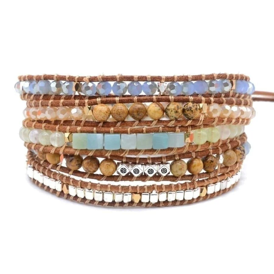 Natural Amazonite & Jasper Leather Wrap Bracelet - Image 12