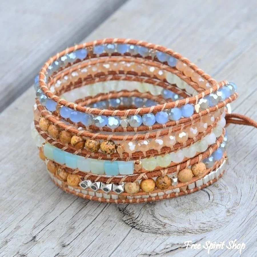 Natural Amazonite & Jasper Leather Wrap Bracelet - Image 3